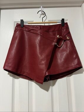 En Saison Burgundy Faux Leather Wrap Shorts with Gold Ring